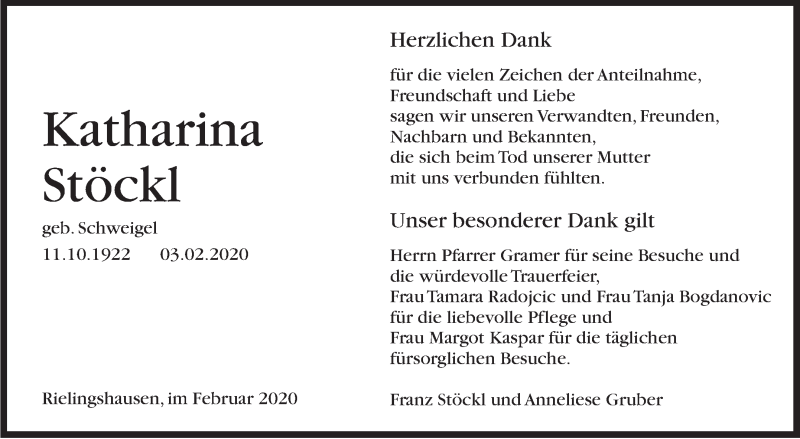  Traueranzeige für Katharina Stöckl vom 06.03.2020 aus Marbacher Zeitung