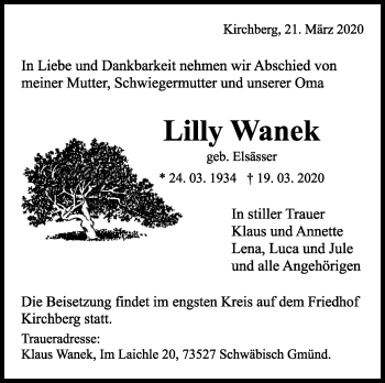 Traueranzeige von Lilly Wanek von Marbacher Zeitung