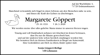 Traueranzeige von Margarete Göppert von Marbacher Zeitung