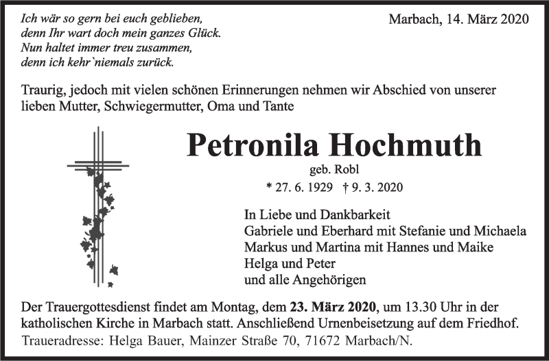  Traueranzeige für Petronila Hochmuth vom 14.03.2020 aus Marbacher Zeitung