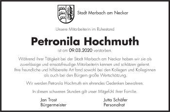 Traueranzeige von Petronila Hochmuth von Marbacher Zeitung