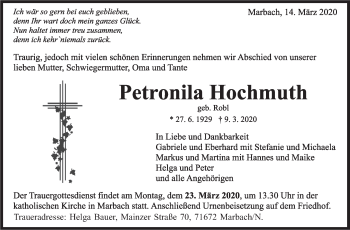 Traueranzeige von Petronila Hochmuth von Marbacher Zeitung