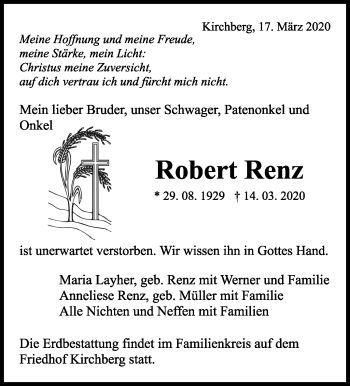 Traueranzeige von Robert Renz von Marbacher Zeitung