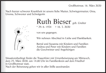 Traueranzeige von Ruth Bieser von Marbacher Zeitung