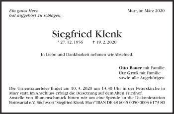 Traueranzeige von Siegfried Klenk von Marbacher Zeitung