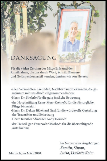 Traueranzeige von Veit Keim von Marbacher Zeitung
