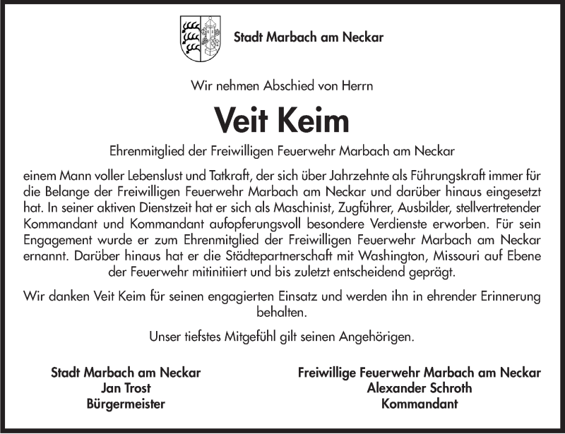  Traueranzeige für Veit Keim vom 09.03.2020 aus Marbacher Zeitung