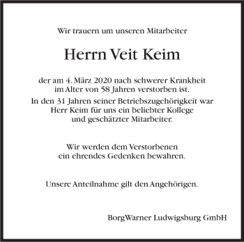 Traueranzeige von Veit Keim von Marbacher Zeitung