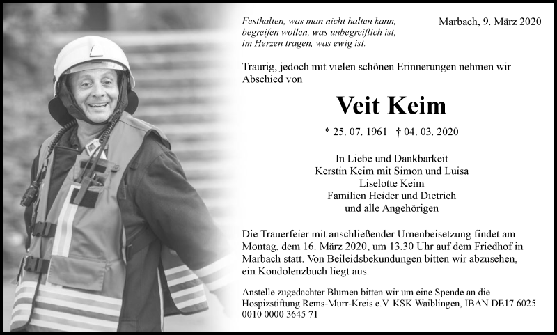  Traueranzeige für Veit Keim vom 09.03.2020 aus Marbacher Zeitung