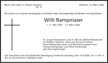 Traueranzeige von Willi Rampmaier von Marbacher Zeitung