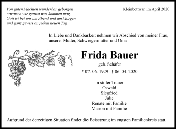 Traueranzeige von Frida Bauer von Marbacher Zeitung