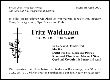 Traueranzeige von Fritz Waldmann von Marbacher Zeitung