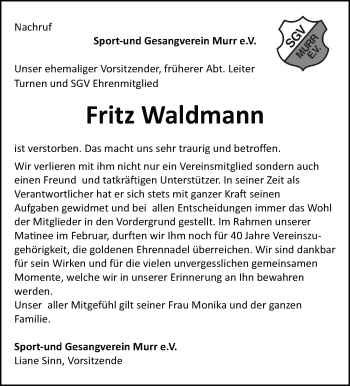 Traueranzeige von Fritz Waldmann von Marbacher Zeitung