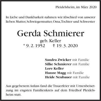 Traueranzeige von Gerda Schmierer von Marbacher Zeitung