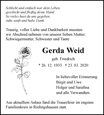 Traueranzeige von Gerda Weid von Marbacher Zeitung