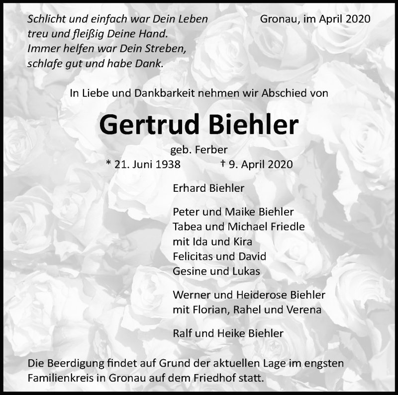  Traueranzeige für Gertrud Biehler vom 18.04.2020 aus Marbacher Zeitung