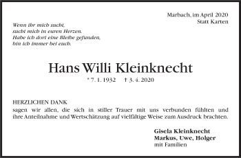 Traueranzeige von Hans Willi Kleinknecht von Marbacher Zeitung