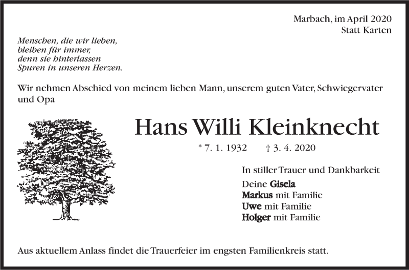  Traueranzeige für Hans Willi Kleinknecht vom 11.04.2020 aus Marbacher Zeitung