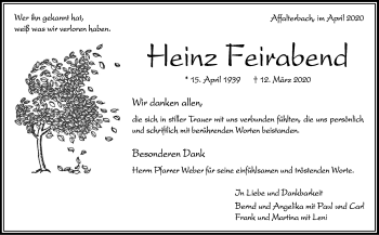 Traueranzeige von Heinz Feirabend von Marbacher Zeitung
