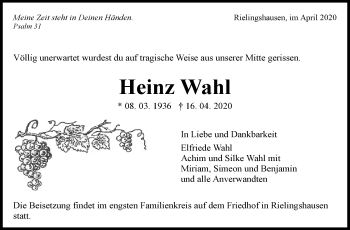 Traueranzeige von Heinz Wahl von Marbacher Zeitung