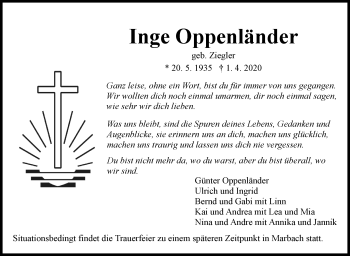 Traueranzeige von Inge Oppenländer von Marbacher Zeitung