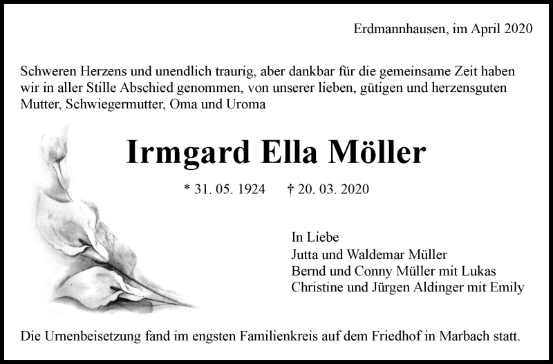 Traueranzeige für Irmgard Ella Möller vom 22.04.2020 aus Marbacher Zeitung