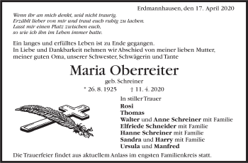 Traueranzeige von Maria Oberreiter von Marbacher Zeitung