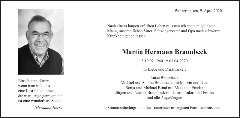  Traueranzeige für Martin Hermann Braunbeck vom 16.04.2020 aus Marbacher Zeitung