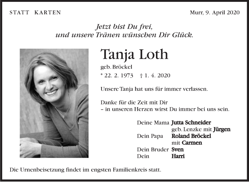  Traueranzeige für Tanja Loth vom 09.04.2020 aus Marbacher Zeitung