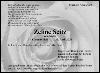 Traueranzeige von Zeline Seitz von Marbacher Zeitung