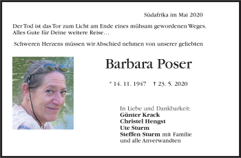 Traueranzeige von Barbara Poser von Marbacher Zeitung