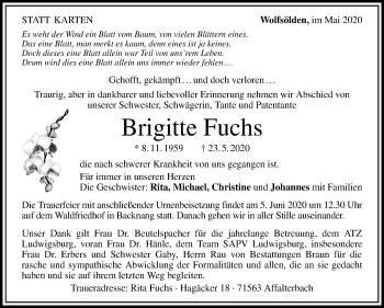 Traueranzeige von Brigitte Fuchs von Marbacher Zeitung