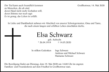 Traueranzeige von Elsa Schwarz von Marbacher Zeitung