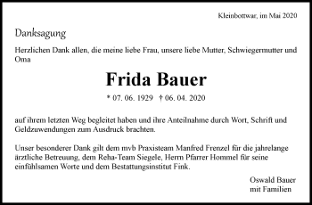 Traueranzeige von Frida Bauer von Marbacher Zeitung