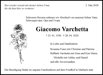 Traueranzeige von Giacomo Varchetta von Marbacher Zeitung