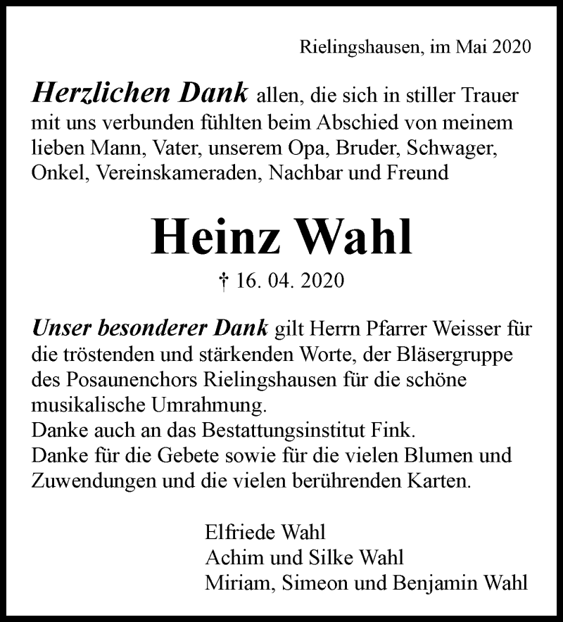  Traueranzeige für Heinz Wahl vom 07.05.2020 aus Marbacher Zeitung