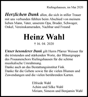 Traueranzeige von Heinz Wahl von Marbacher Zeitung