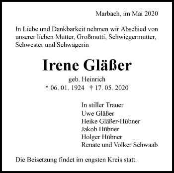 Traueranzeige von Irene Gläßer von Marbacher Zeitung