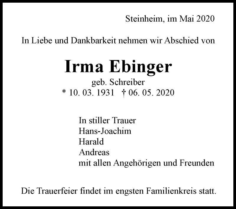  Traueranzeige für Irma Ebinger vom 20.05.2020 aus Marbacher Zeitung