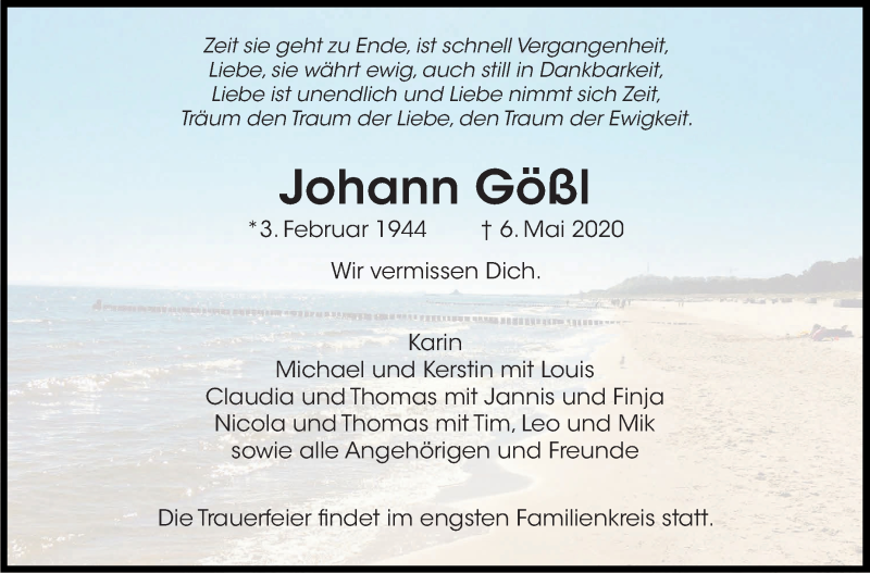  Traueranzeige für Johann Gößl vom 20.05.2020 aus Marbacher Zeitung