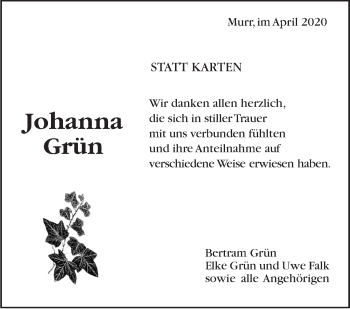 Traueranzeige von Johanna Grün von Marbacher Zeitung