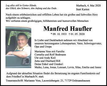 Traueranzeige von Manfred Haufler von Marbacher Zeitung