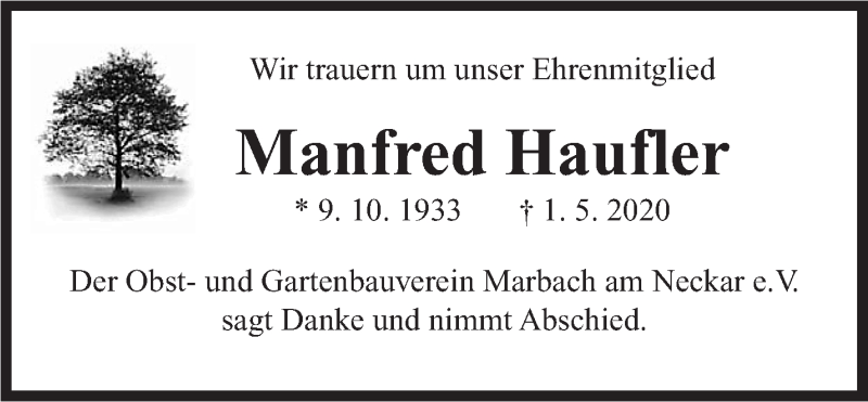  Traueranzeige für Manfred Haufler vom 16.05.2020 aus Marbacher Zeitung