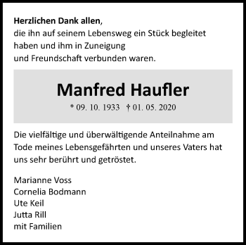 Traueranzeige von Manfred Haufler von Marbacher Zeitung