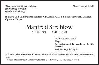 Traueranzeige von Manfred Strehlow von Marbacher Zeitung