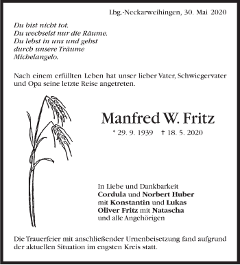 Traueranzeige von Manfred W. Fritz von Marbacher Zeitung