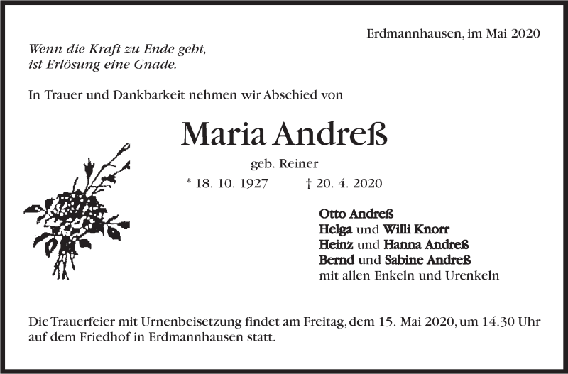  Traueranzeige für Maria Andreß vom 08.05.2020 aus Marbacher Zeitung