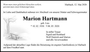 Traueranzeige von Marion Hartmann von Marbacher Zeitung