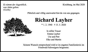 Traueranzeige von Richard Layher von Marbacher Zeitung