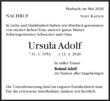 Traueranzeige von Ursula Adolf von Marbacher Zeitung